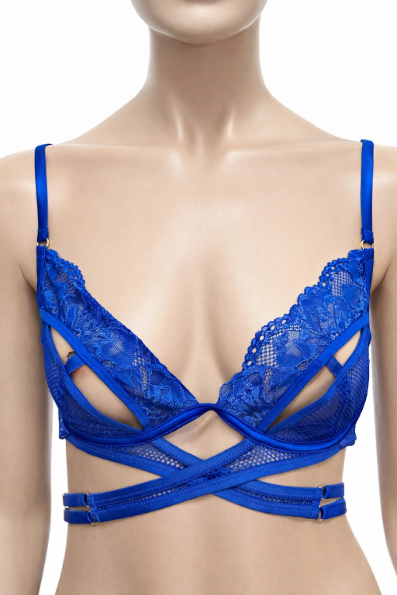 Hunkemöller дамски сутиен в кралско синьо с дантела и декоративни ленти – размер L