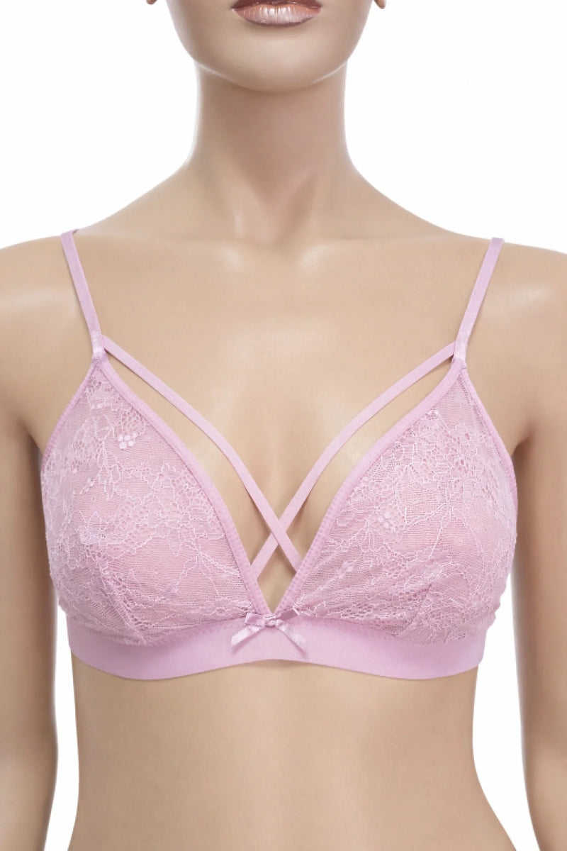 Сутиен Hunkemöller L – розова дантела с декоративни кръстосани ленти