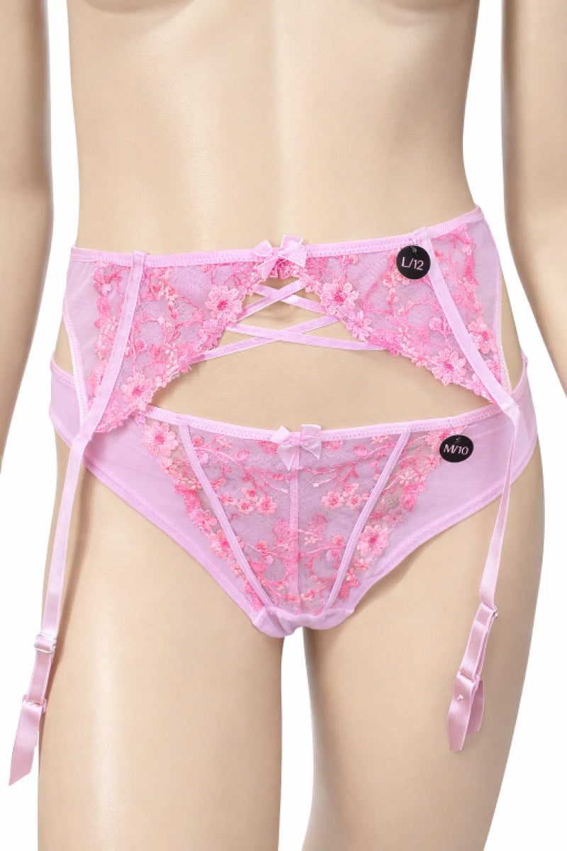 Hunkemöller комплект бикини M и колан за жартиери L – розова флорална дантела