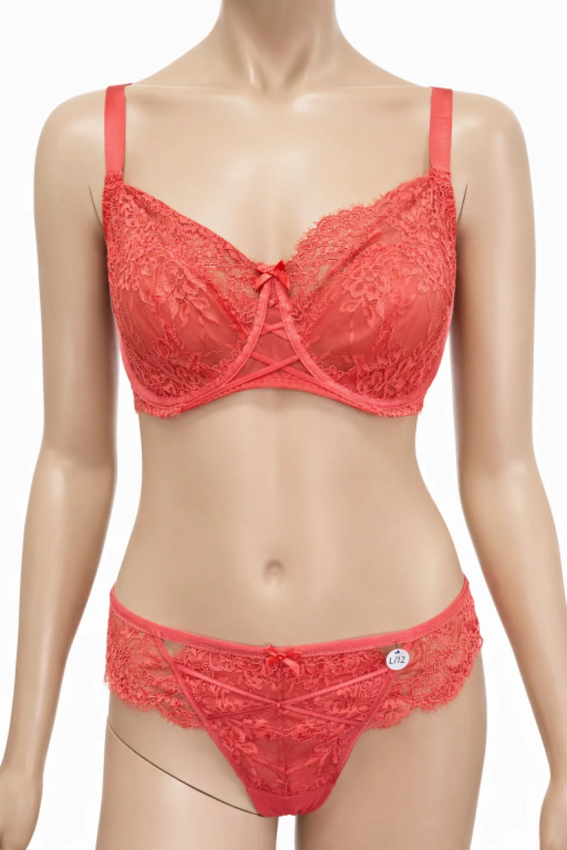 Дамски комплект бельо Hunkemöller – сутиен 85F и бикини L, коралово-червена дантела