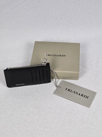 Ново портмоне / картодържател Trussardi с цип, кутия и етикет – черно